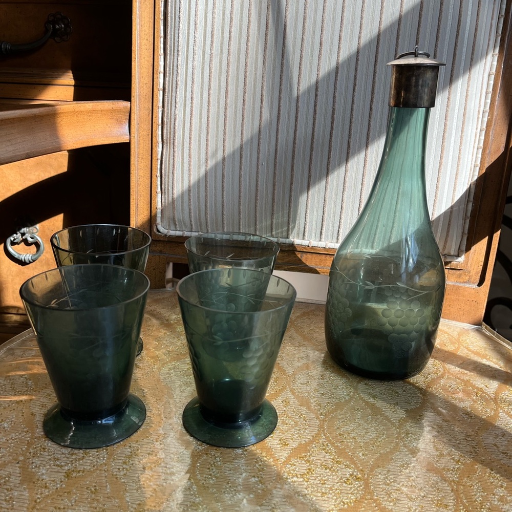 Pier 1 Imports wine decanter and glasses.